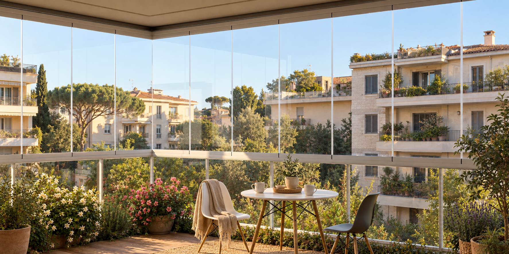 Lo stesso balcone con vetrata panoramica, arredi e piante curati.