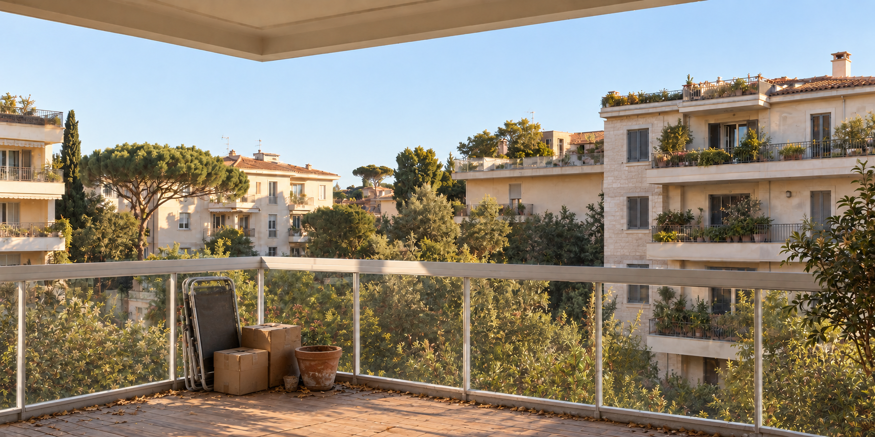 Balcone aperto, spoglio e leggermente trascurato.